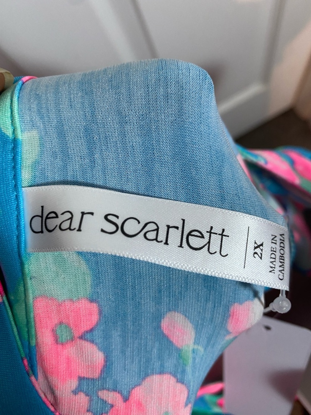 Dear Scarlett Teal Tunic with Neon Tropical Pink Floral Print - Picture 3 of 10